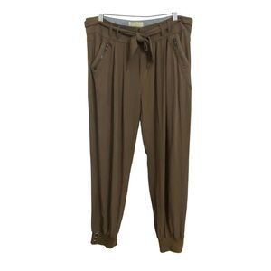 Elevenses by Anthropologie Green Pleated Jogger Pants Trousers Tie Waist Medium